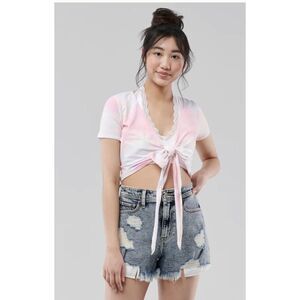 Hollister Tee Shirt Baby Tee‎ Crop Top Pastel Tie Dye Wrap Front Pink Blue Large